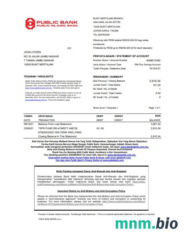 Malezja Perbankan Islam oświadczenie bankowe słowo i PDF tmplate